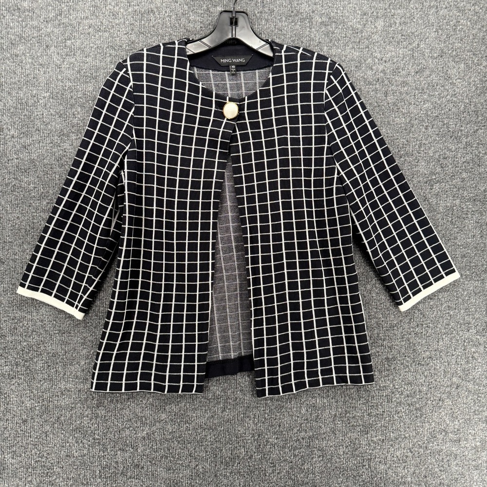 Ming Wang Cardigan Blazer Womens‎ XS Blue Plaid Single Button Classic Old Money